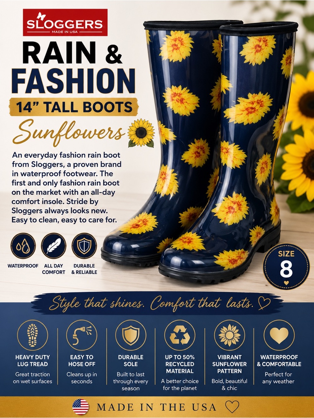 Sloggers Navy Sunflower Print Rain and Fashion Tall Boots